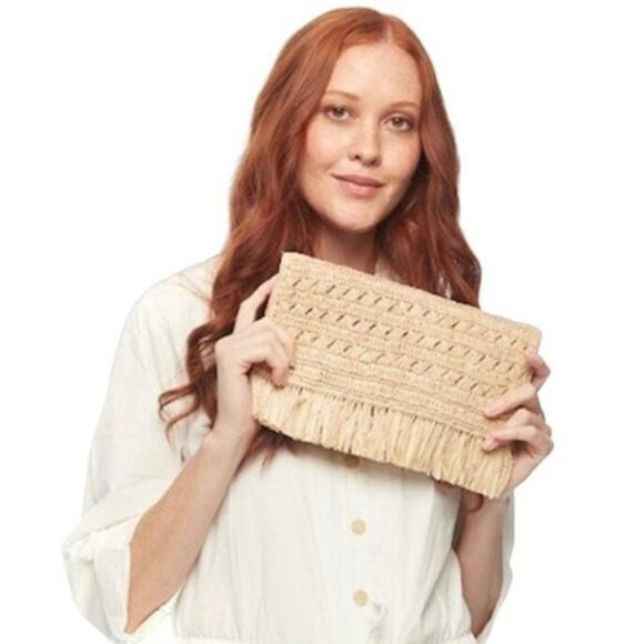 Mar Y Sol Lisette Crocheted Raffia Straw Fringe Clutch - Picture 2 of 13